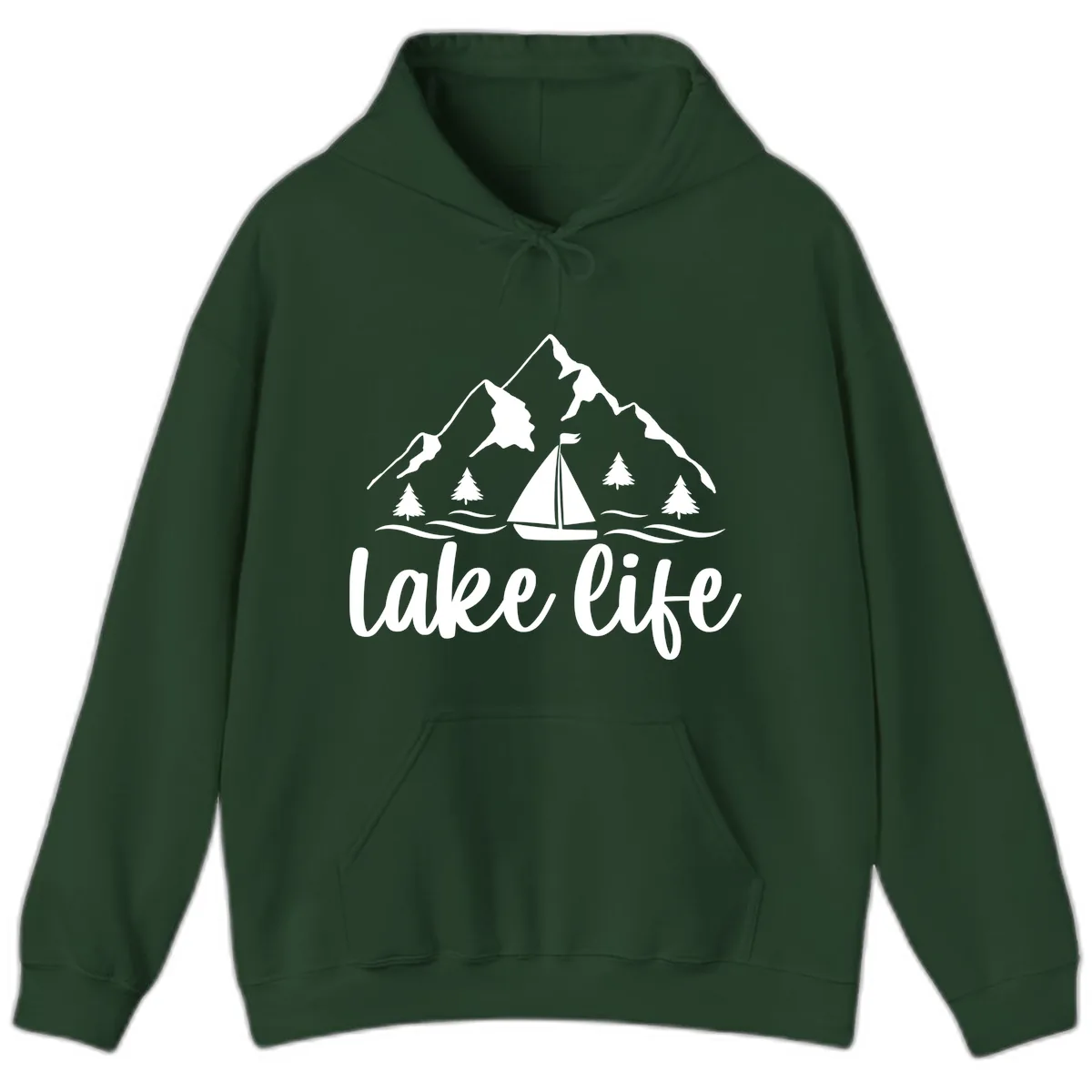 Lake Life Mountain Sailboat Design Hoodie in Forest Green