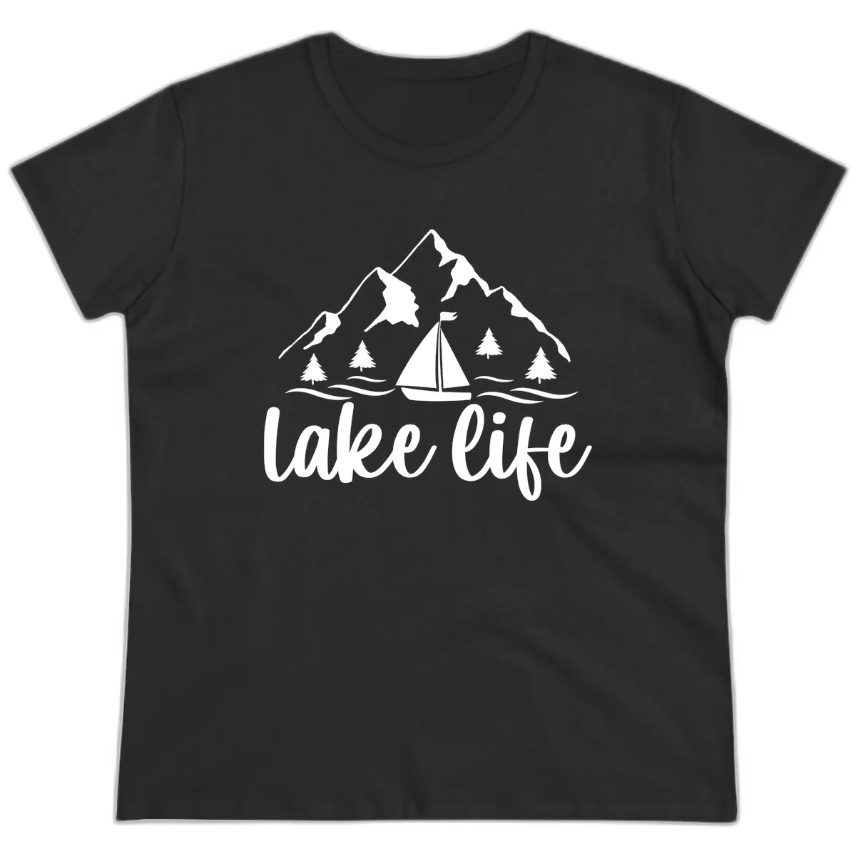 Lake Life Mountain Sailboat Design Ladies Tee in Black