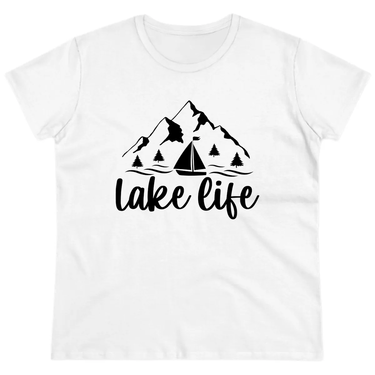 Lake Life Mountain Sailboat Design Ladies Tee in White