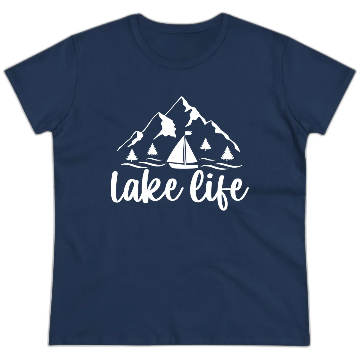 Lake Life Mountain Sailboat Design Ladies Tee in Navy