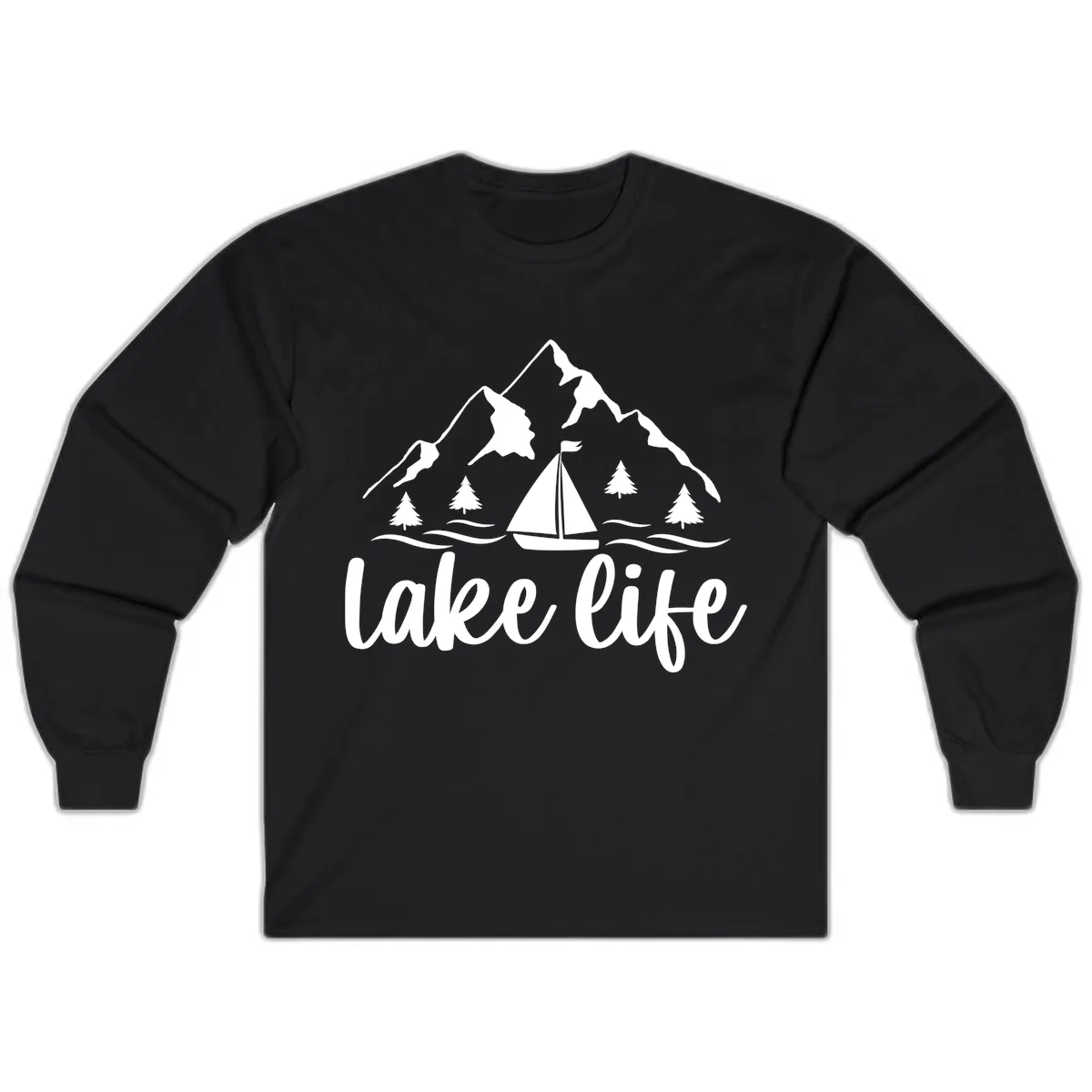 Lake Life Mountain Sailboat Design Long Sleeve in Black