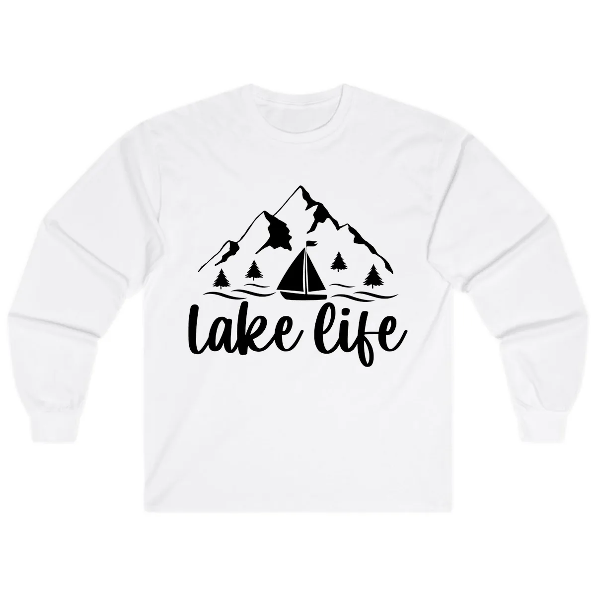 Lake Life Mountain Sailboat Design Long Sleeve in White
