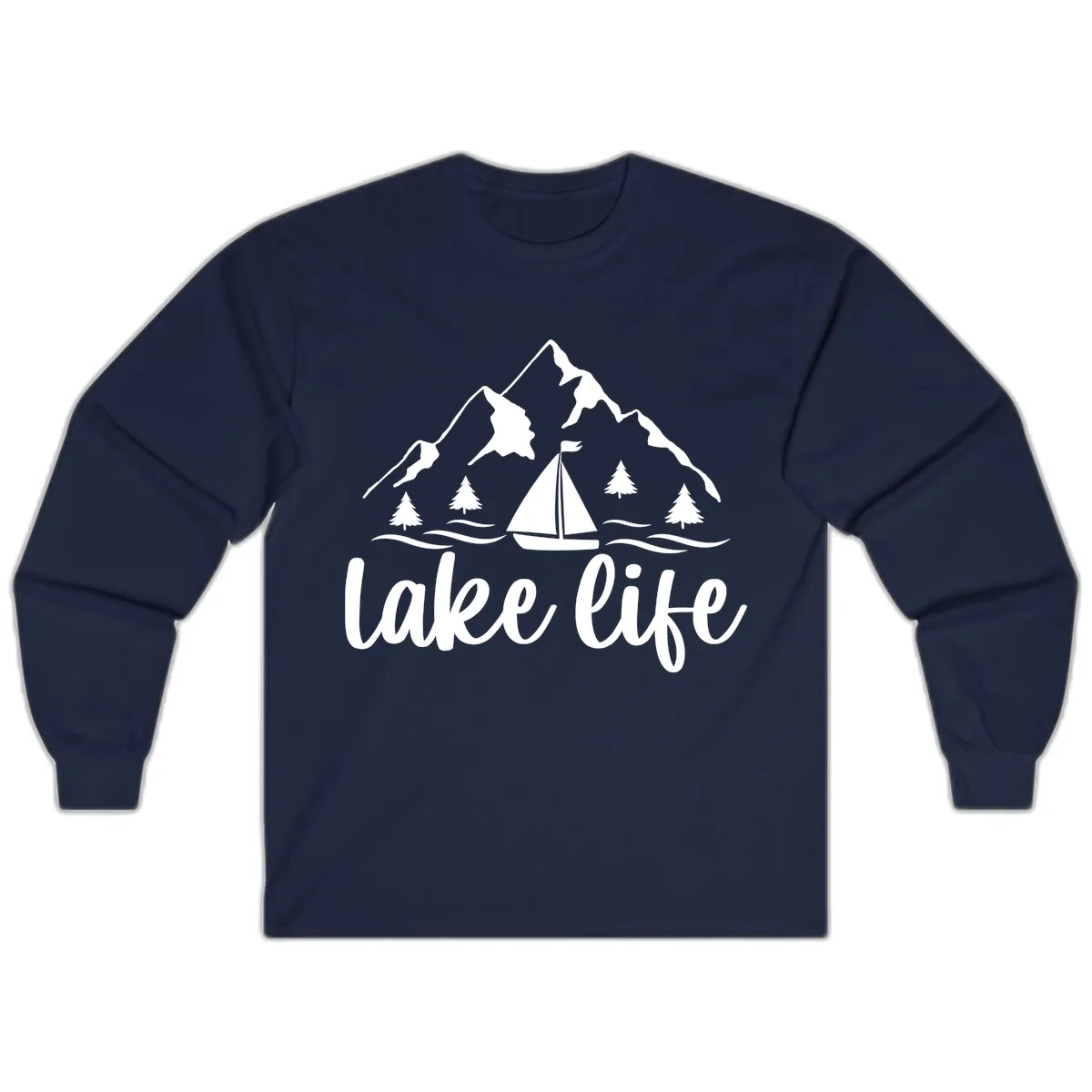 Lake Life Mountain Sailboat Design Long Sleeve in Navy