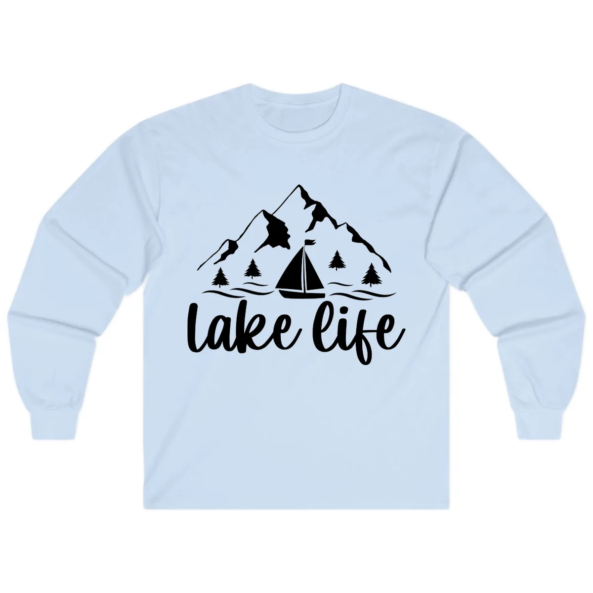 Lake Life Mountain Sailboat Design Long Sleeve in Light Blue