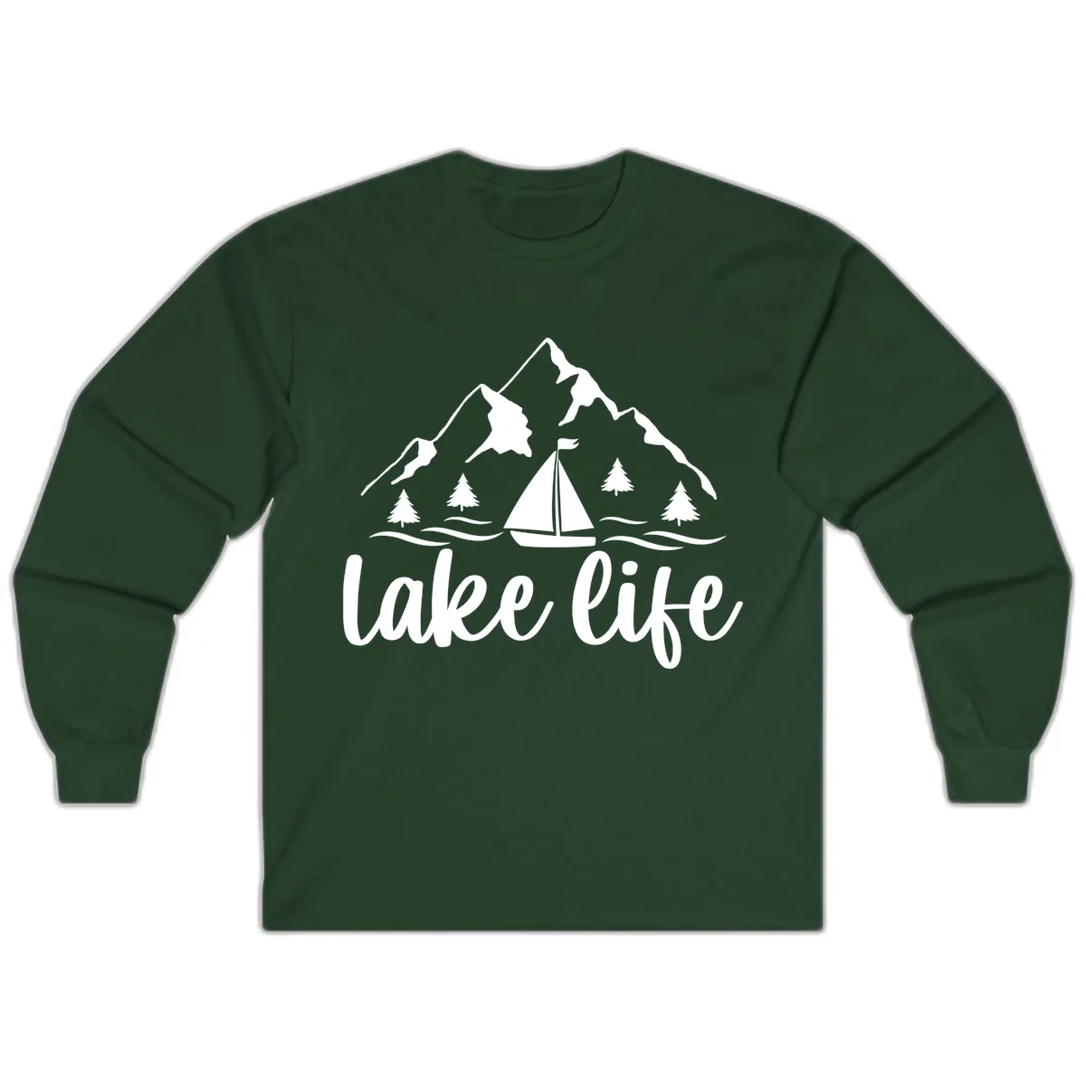 Lake Life Mountain Sailboat Design Long Sleeve in Forest Green