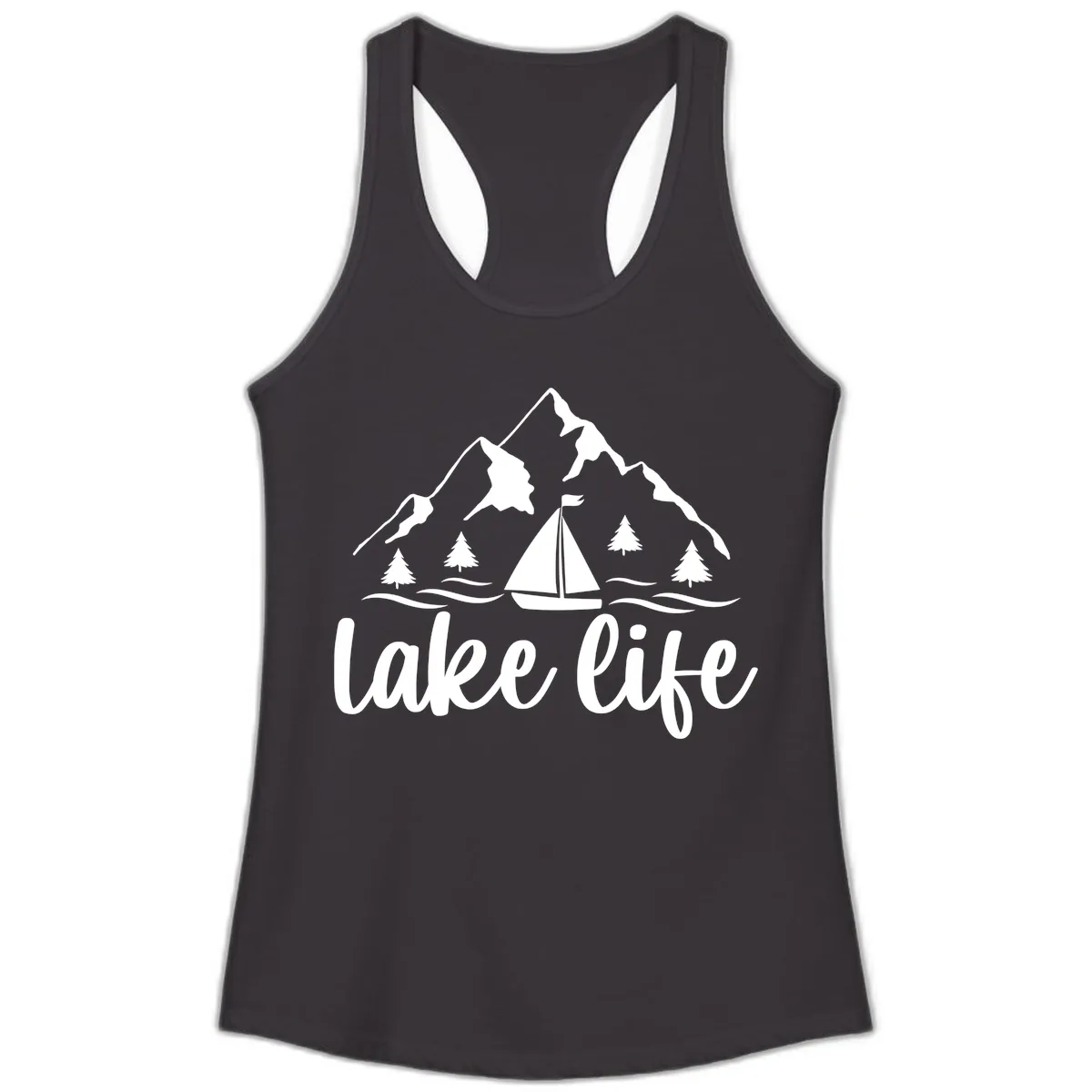 Lake Life Mountain Sailboat Design Ladies Tank in Black