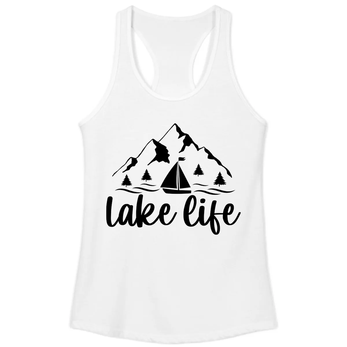 Lake Life Mountain Sailboat Design Ladies Tank in White