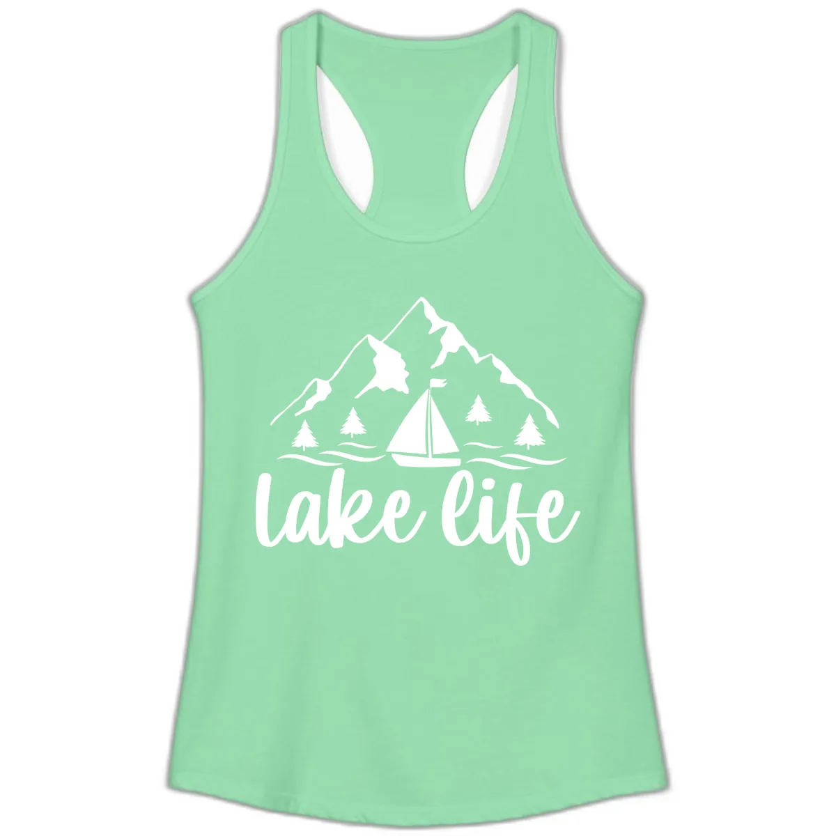 Lake Life Mountain Sailboat Design Ladies Tank in Solid Mint