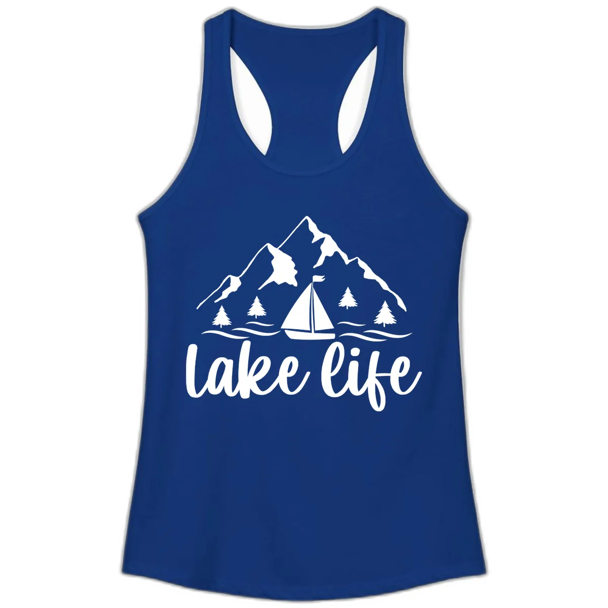 Lake Life Mountain Sailboat Design Ladies Tank in Solid Royal