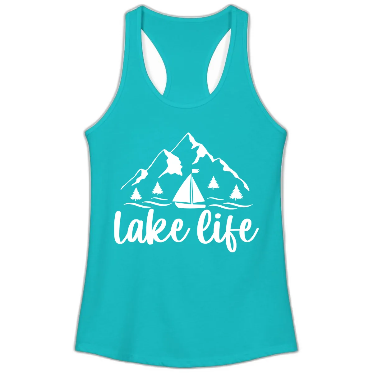 Lake Life Mountain Sailboat Design Ladies Tank in Tahiti Blue