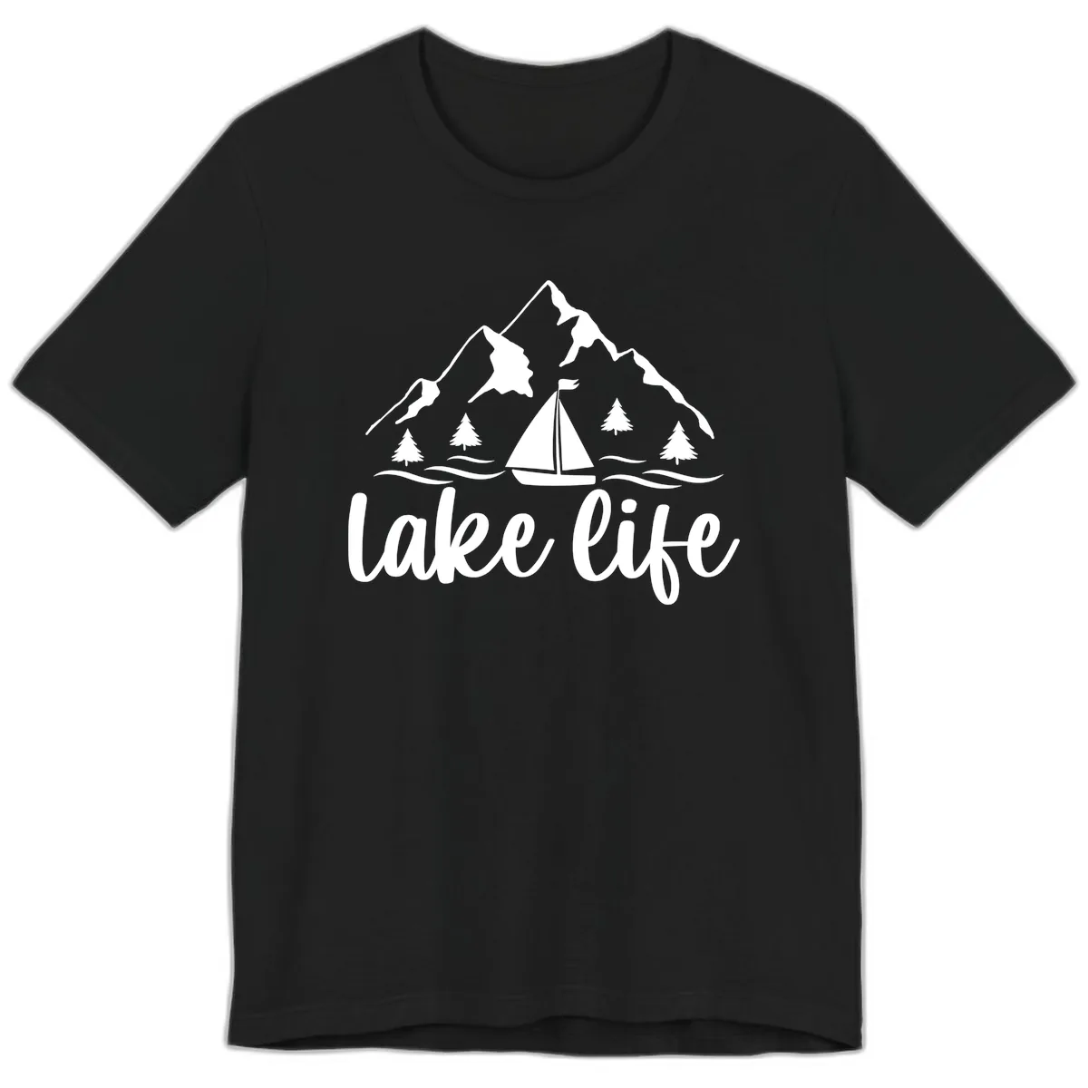 Lake Life Mountain Sailboat Design Premium T-Shirt in Black