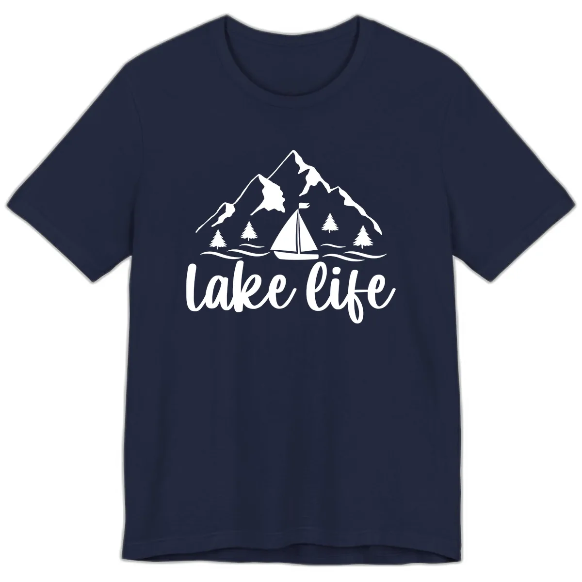 Lake Life Mountain Sailboat Design Premium T-Shirt in Navy