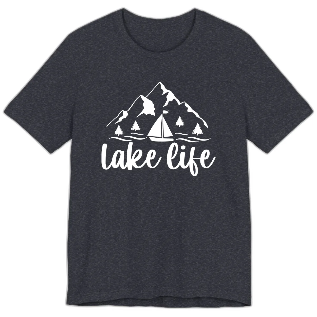 Lake Life Mountain Sailboat Design Premium T-Shirt in Heather Navy