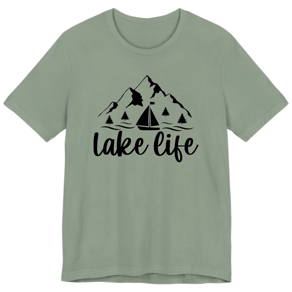 Lake Life Mountain Sailboat Design Premium T-Shirt in Sage