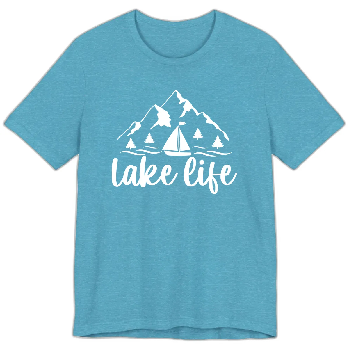 Lake Life Mountain Sailboat Design Premium T-Shirt in Heather Aqua