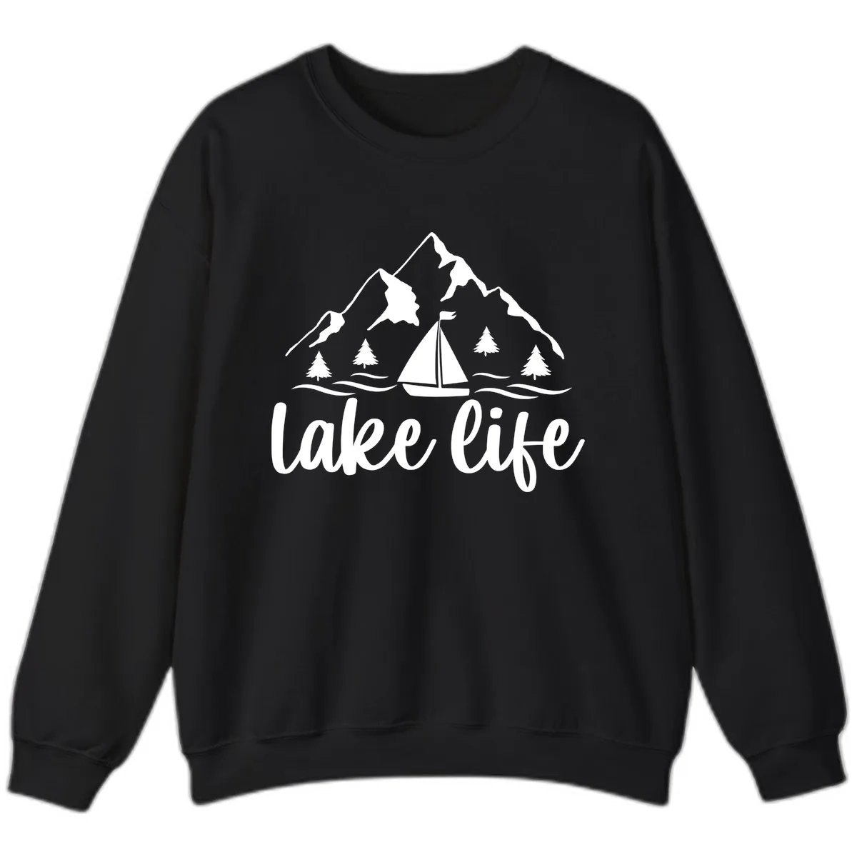 Lake Life Mountain Sailboat Design Sweatshirt in Black
