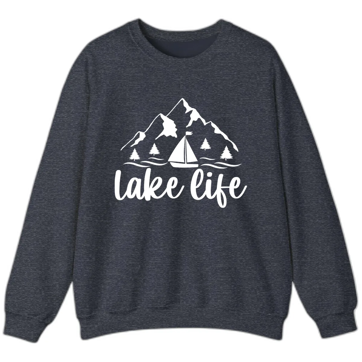 Lake Life Mountain Sailboat Design Sweatshirt in Heather Sport Dark Navy