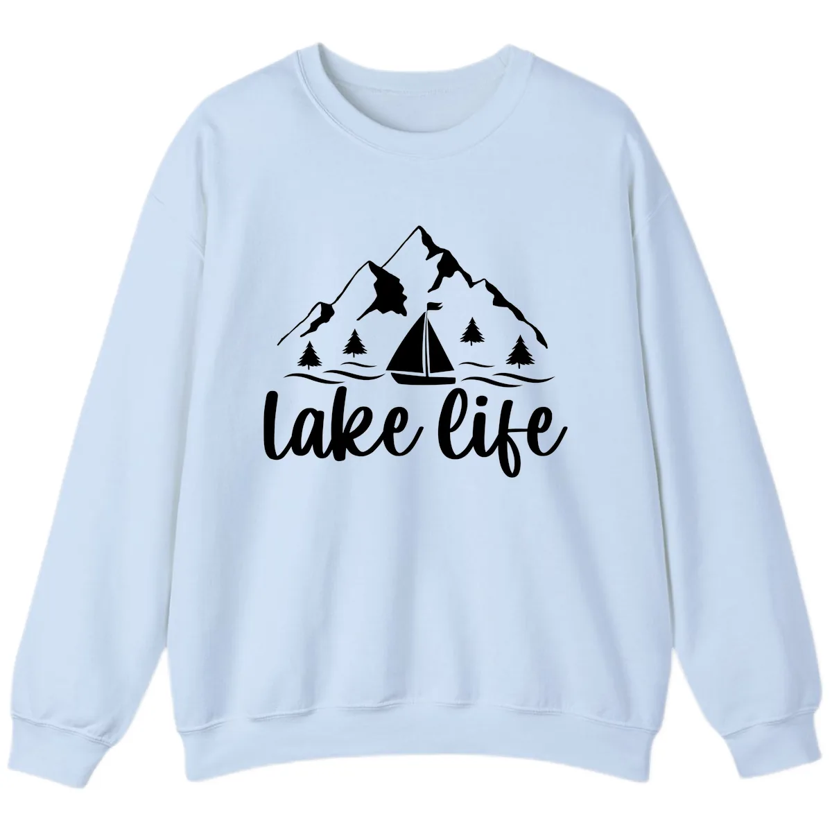 Lake Life Mountain Sailboat Design Sweatshirt in Light Blue
