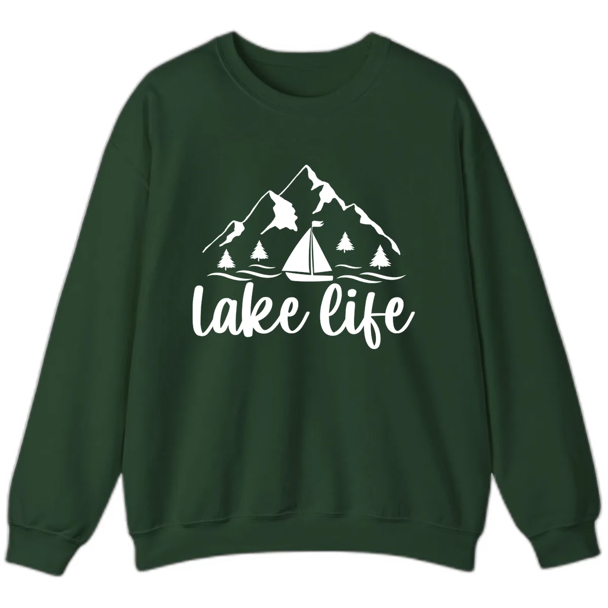 Lake Life Mountain Sailboat Design Sweatshirt in Forest Green