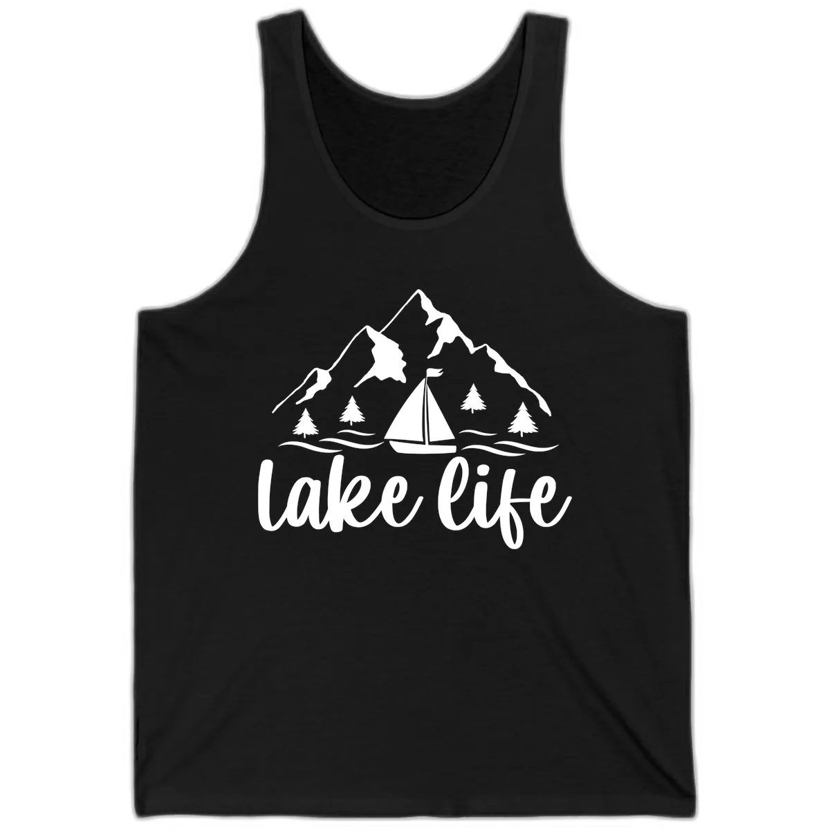 Lake Life Mountain Sailboat Design Tank in Black