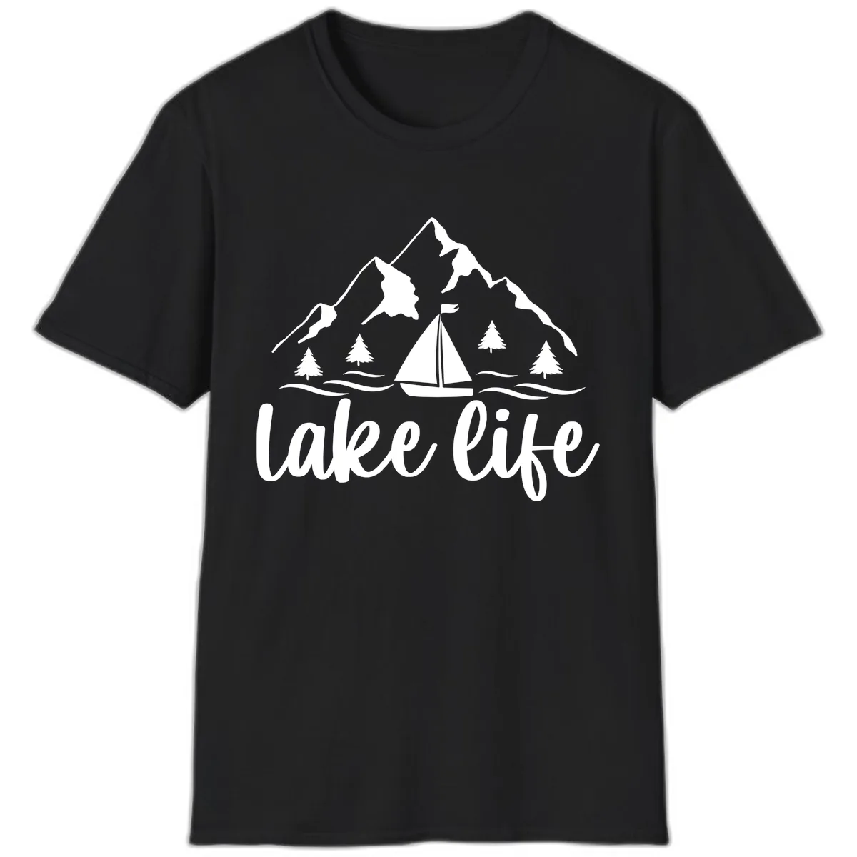 Lake Life Mountain Sailboat Design T-Shirt in Black