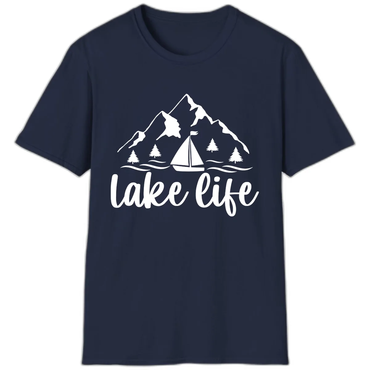 Lake Life Mountain Sailboat Design T-Shirt in Navy
