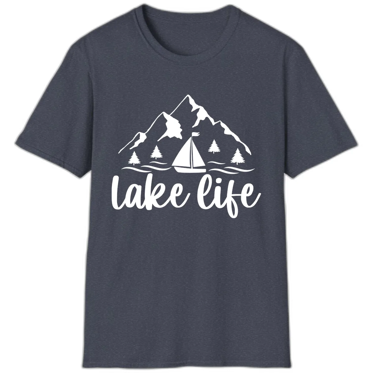 Lake Life Mountain Sailboat Design T-Shirt in Heather Navy