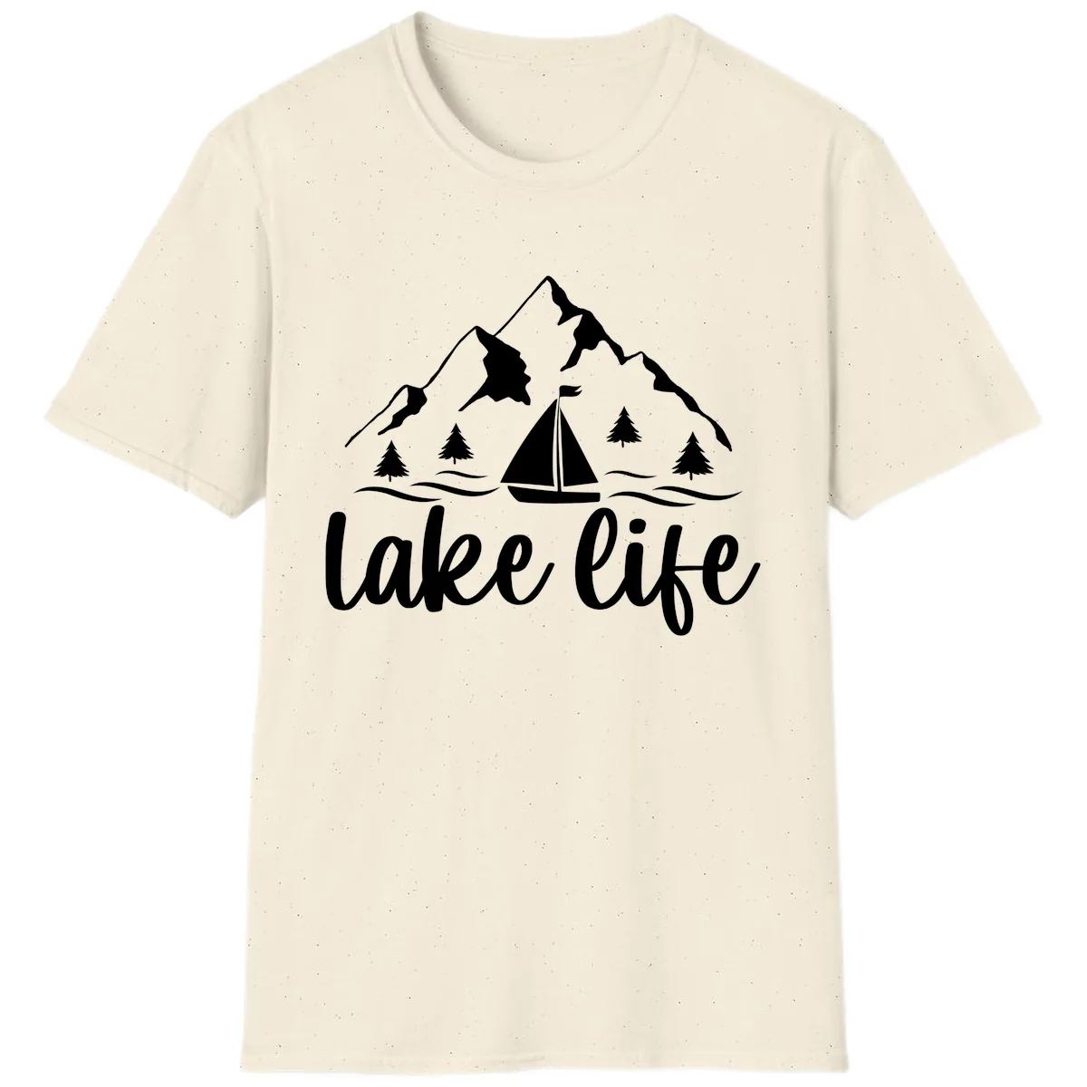 Lake Life Mountain Sailboat Design T-Shirt in Natural
