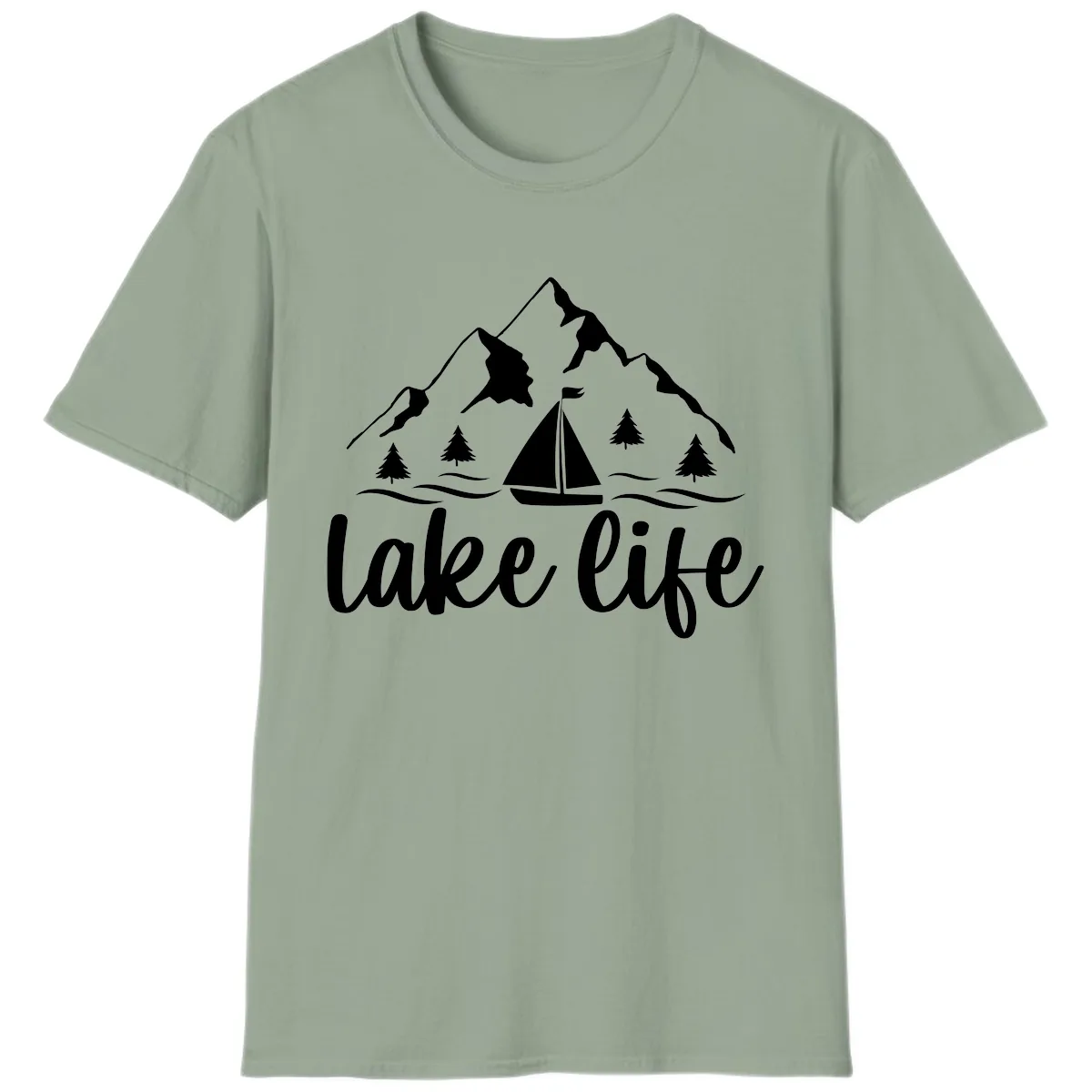 Lake Life Mountain Sailboat Design T-Shirt in Sage
