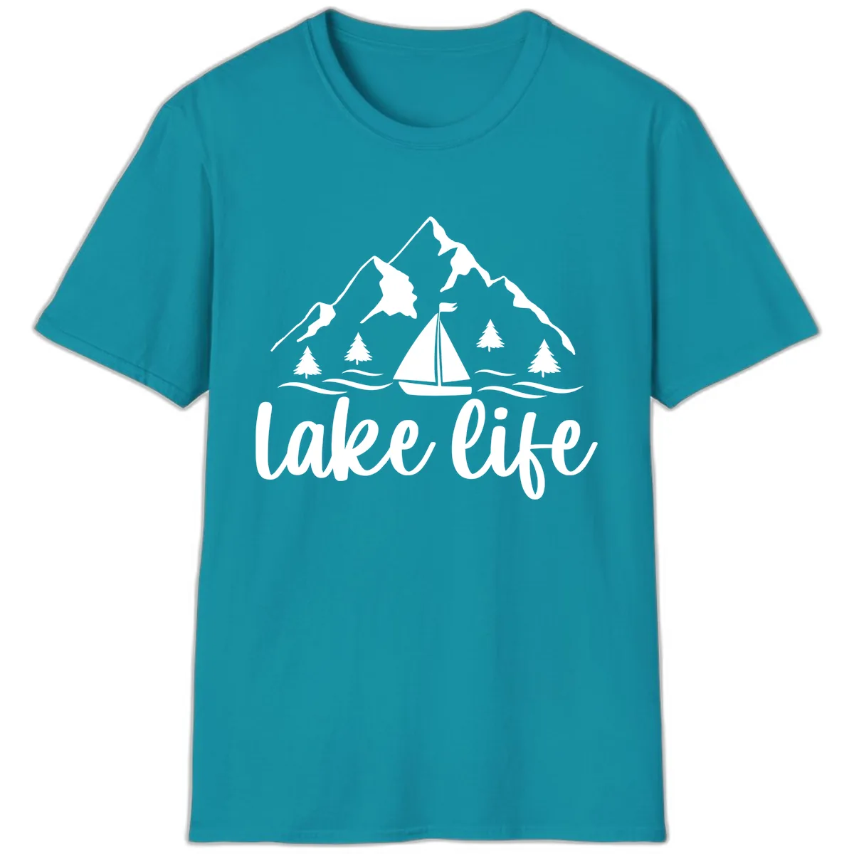 Lake Life Mountain Sailboat Design T-Shirt in Tropical Blue