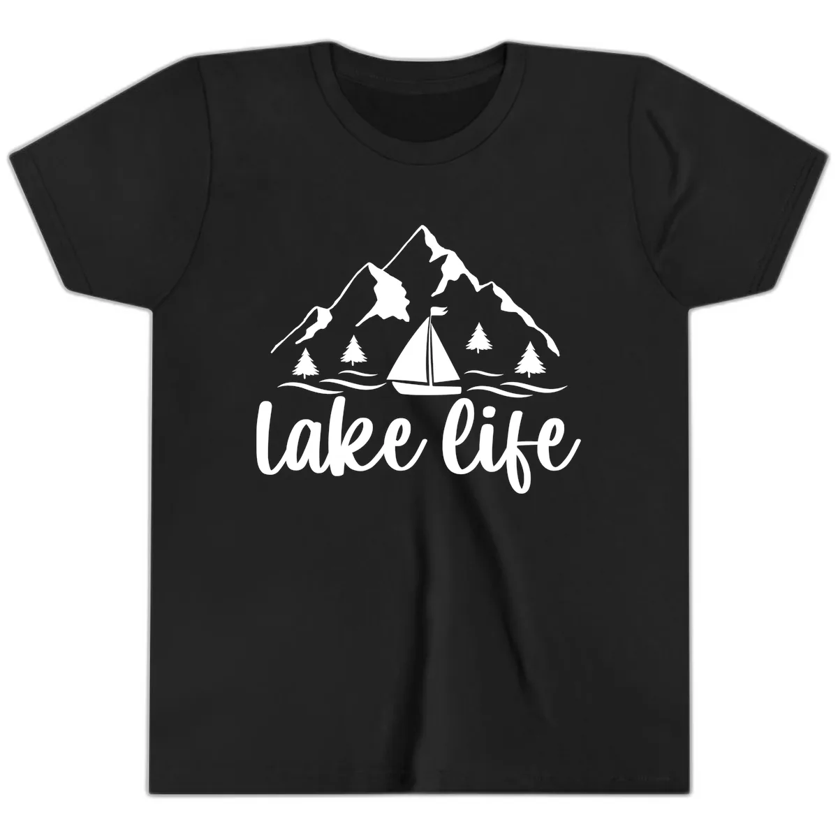 Lake Life Mountain Sailboat Design Youth T-Shirt in Black