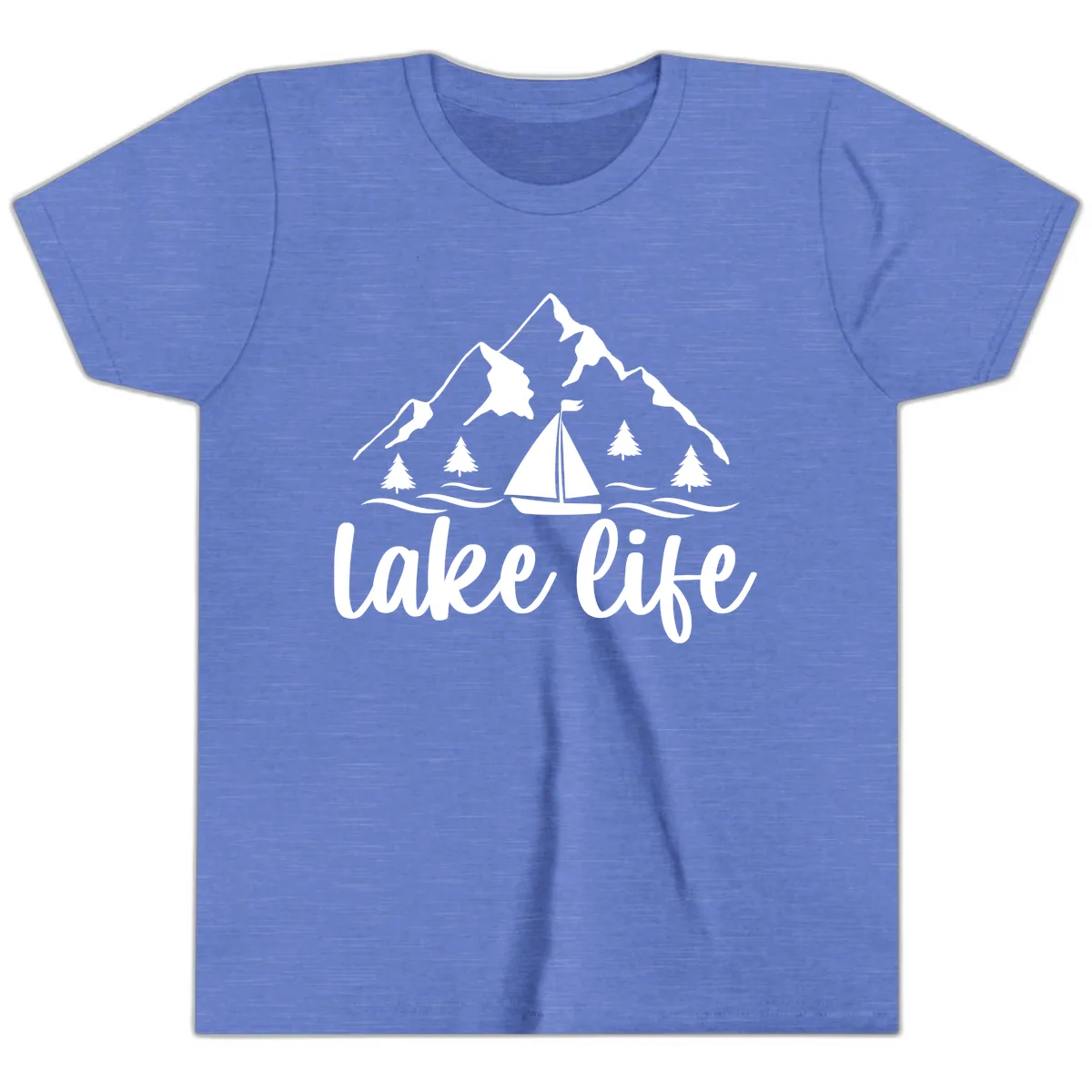 Lake Life Mountain Sailboat Design Youth T-Shirt in Heather Columbia Blue