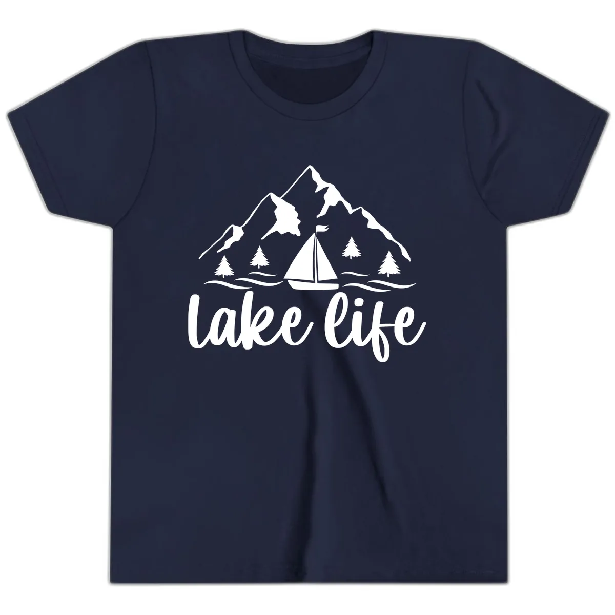 Lake Life Mountain Sailboat Design Youth T-Shirt in Navy