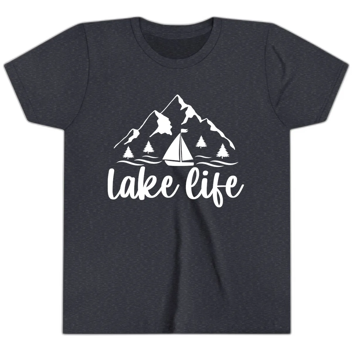 Lake Life Mountain Sailboat Design Youth T-Shirt in Heather Navy