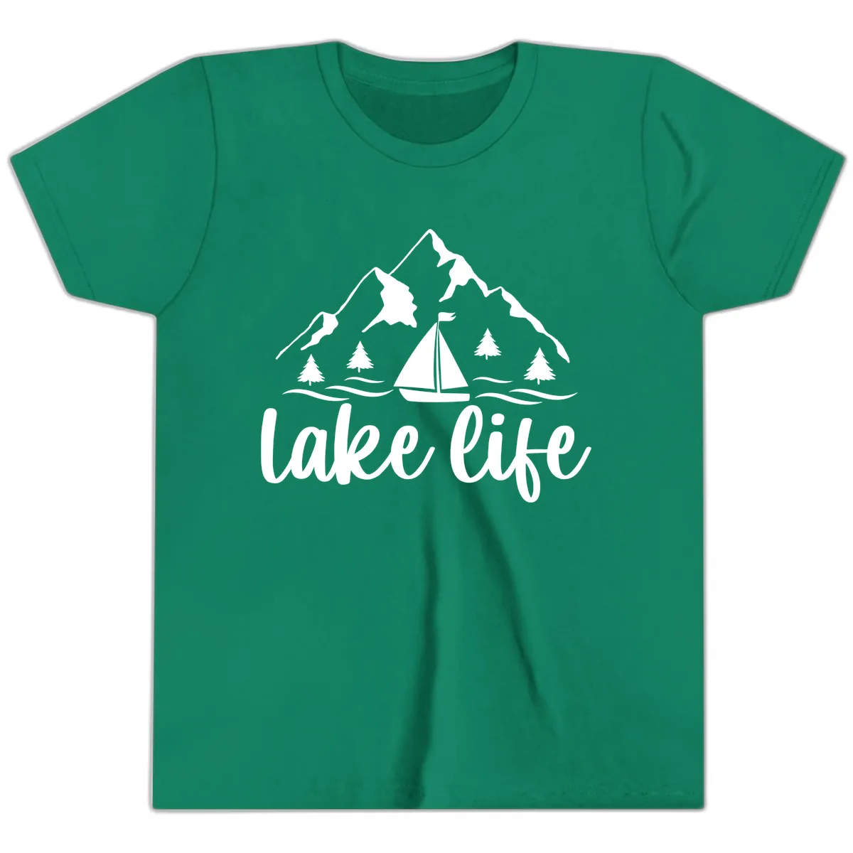 Lake Life Mountain Sailboat Design Youth T-Shirt in Kelly