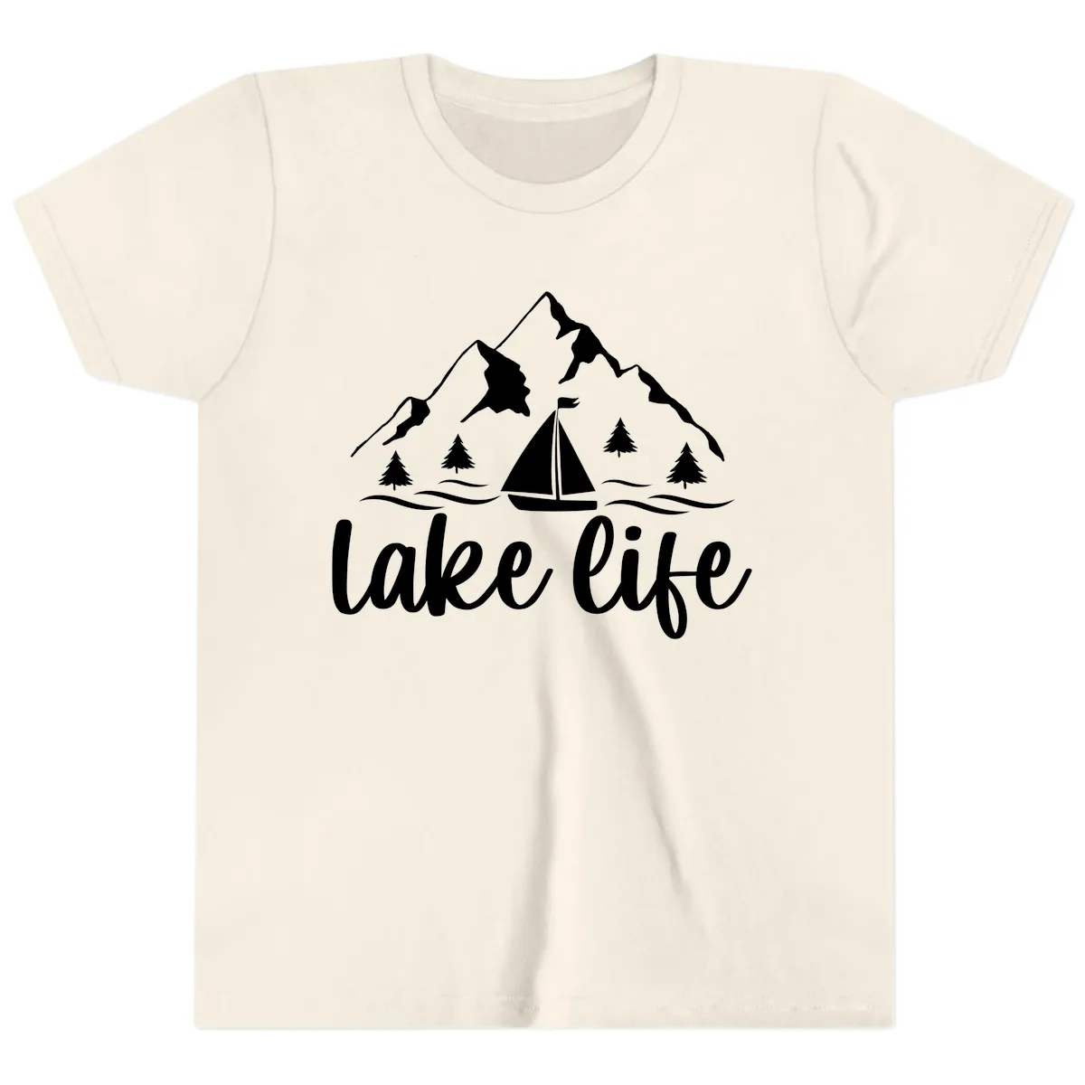 Lake Life Mountain Sailboat Design Youth T-Shirt in Natural