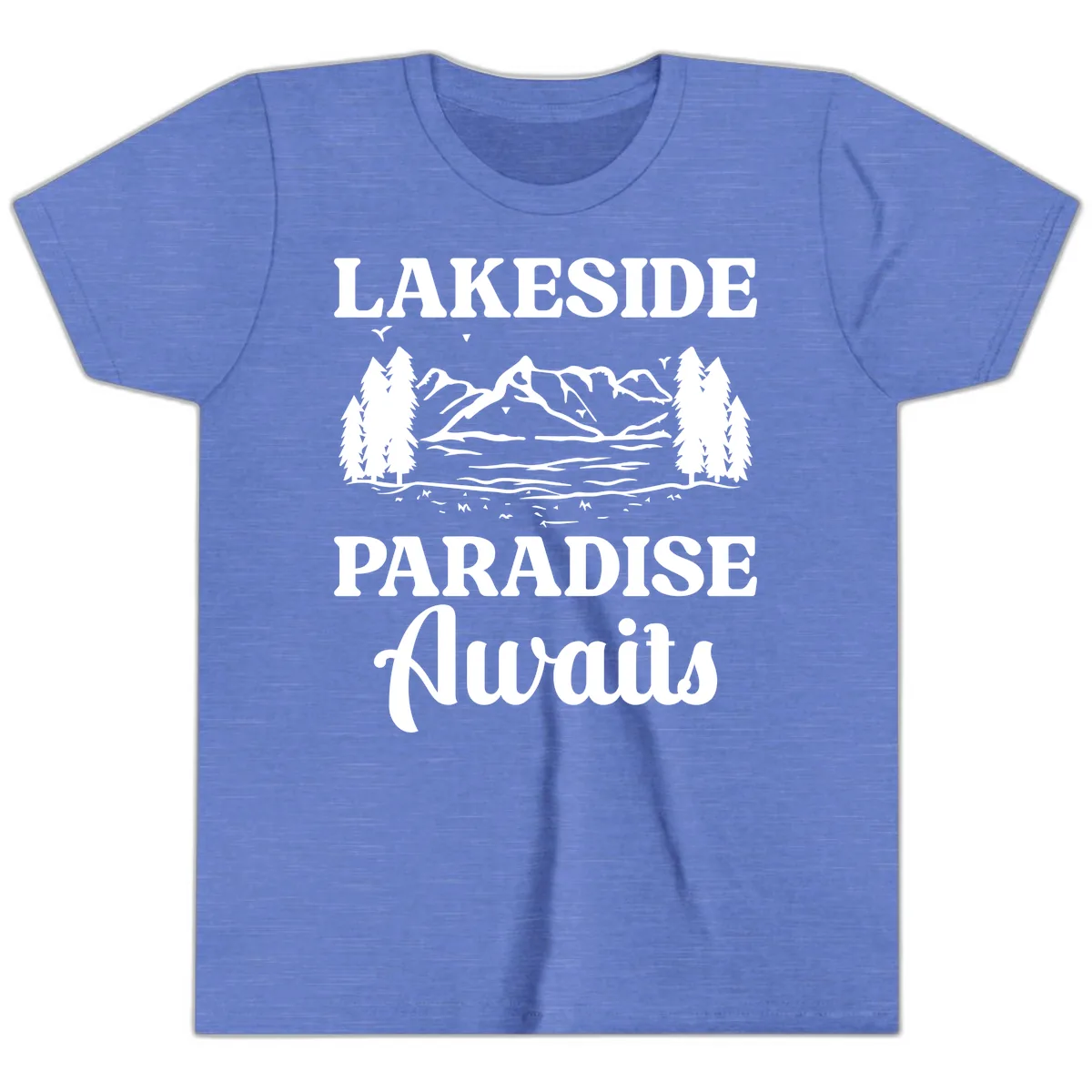 Lakeside Paradise Awaits Design Youth T-Shirt in Heather Columbia Blue