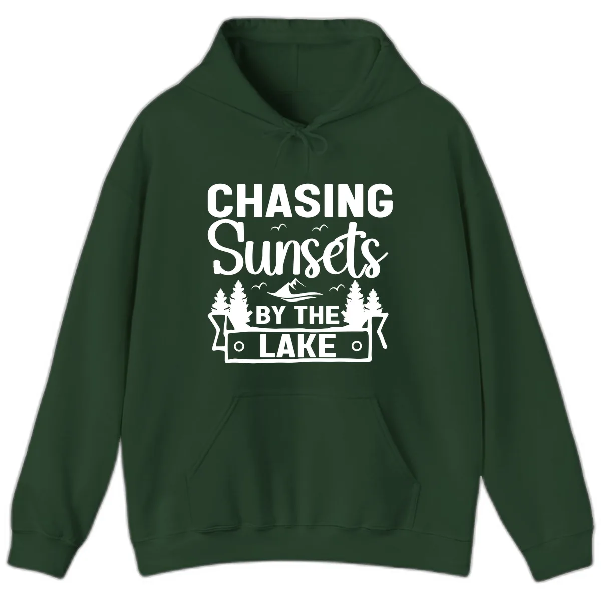 Chasing Sunsets By The Lake Design Hoodie in Forest Green