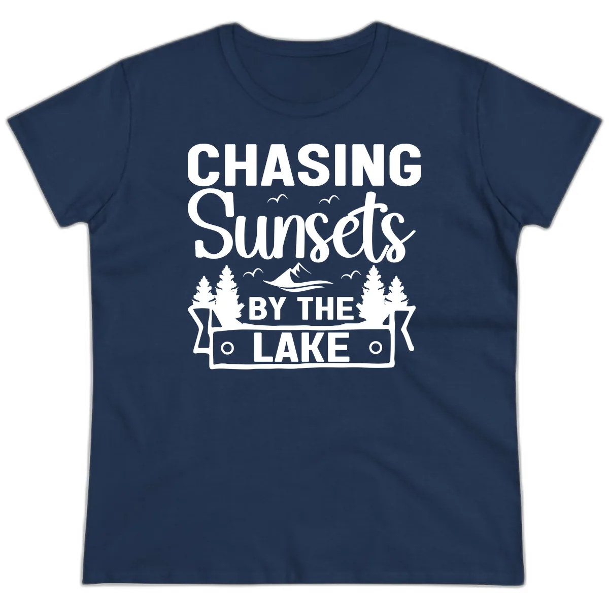Chasing Sunsets By The Lake Design Ladies Tee in Navy