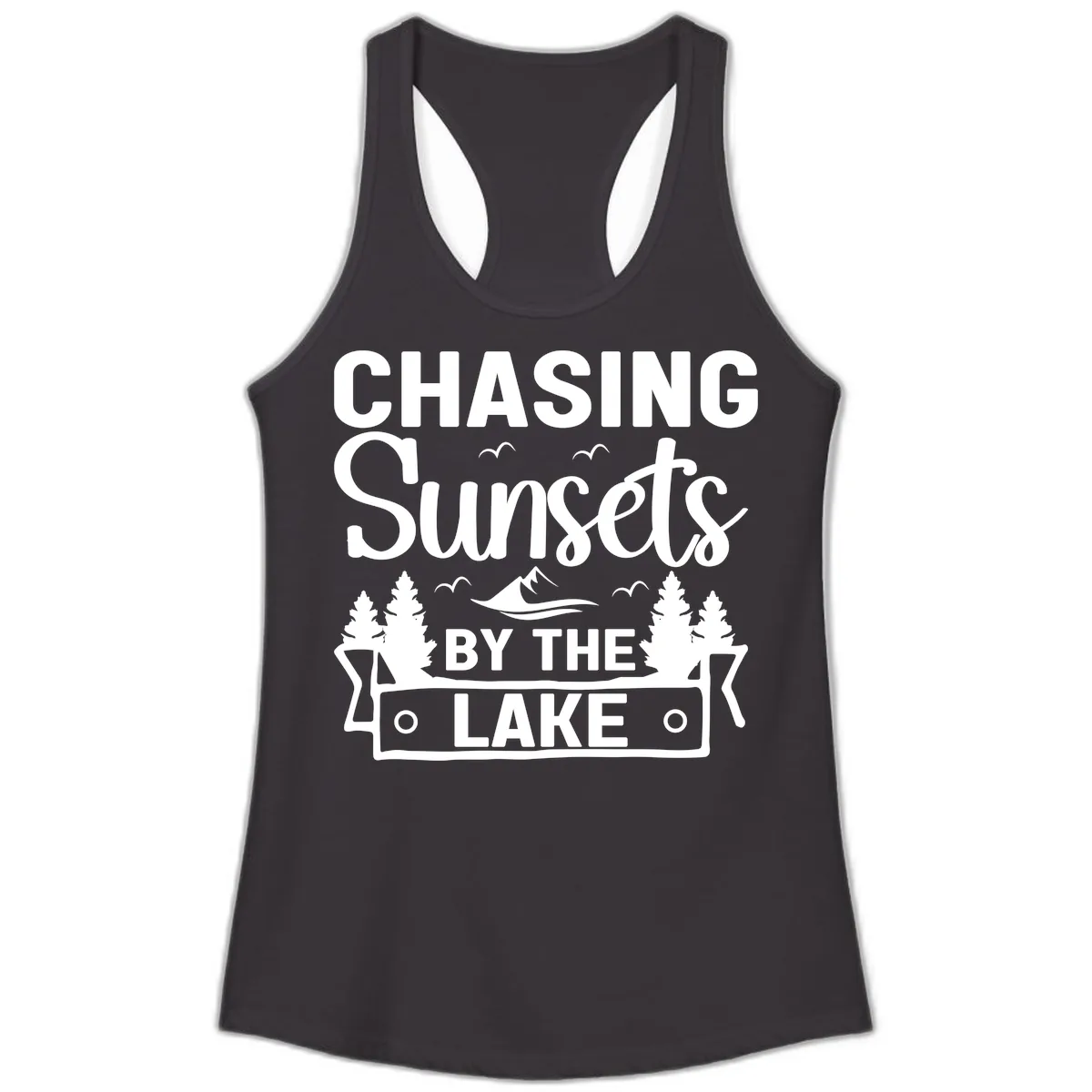 Chasing Sunsets By The Lake Design Ladies Tank in Black