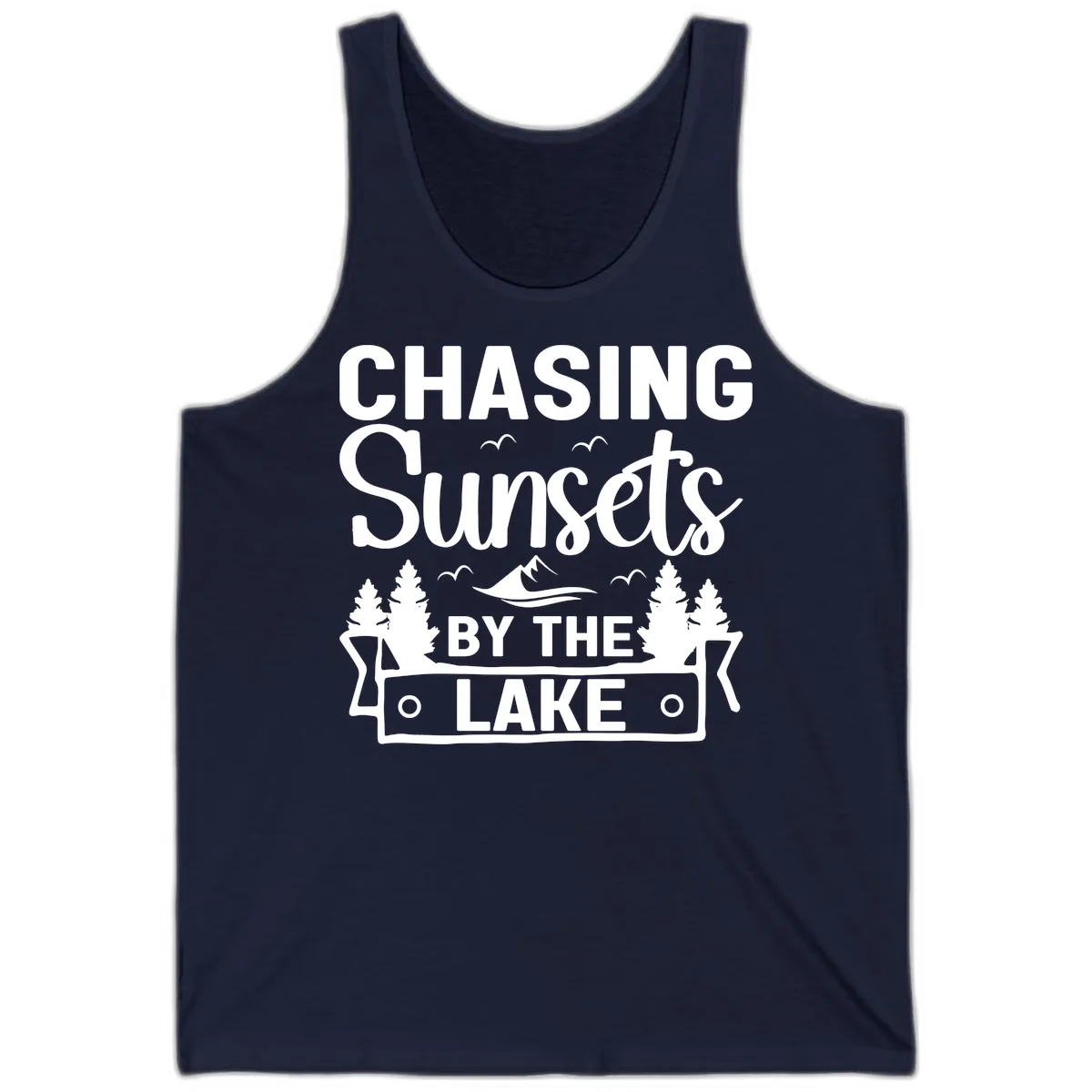Chasing Sunsets By The Lake Design Tank in Navy