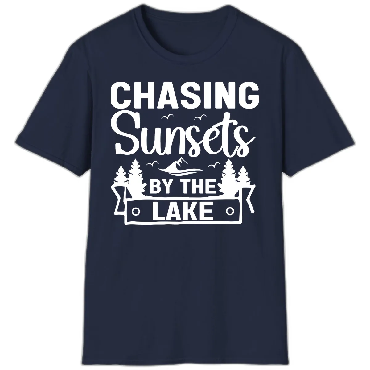 Chasing Sunsets By The Lake Design T-Shirt in Navy