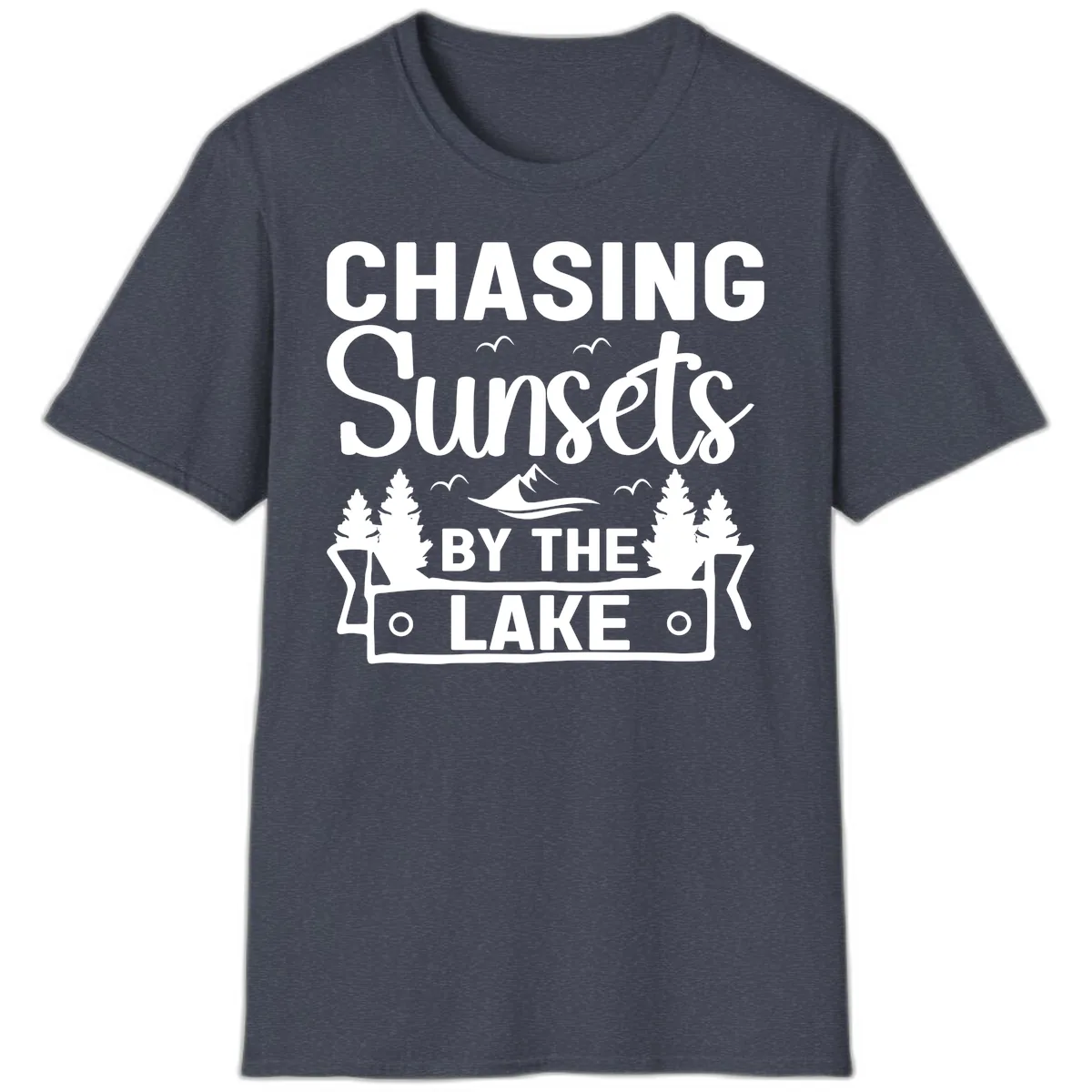 Chasing Sunsets By The Lake Design T-Shirt in Heather Navy