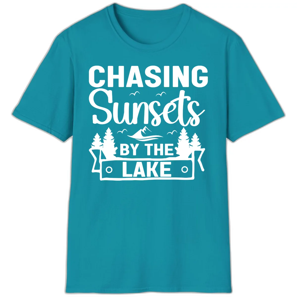 Chasing Sunsets By The Lake Design T-Shirt in Tropical Blue