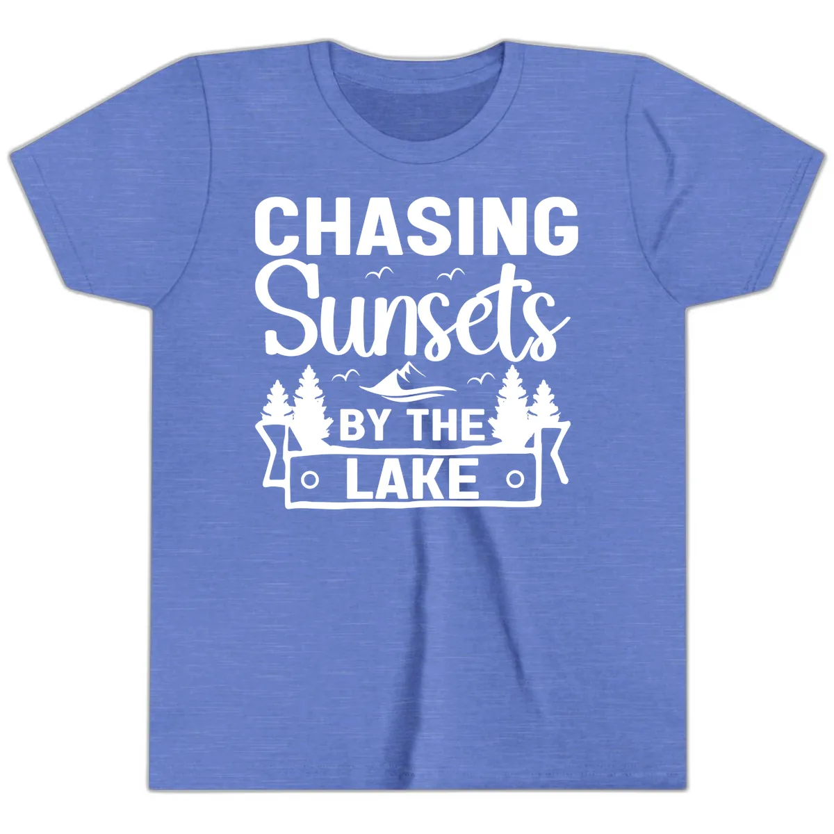 Chasing Sunsets By The Lake Design Youth T-Shirt in Heather Columbia Blue