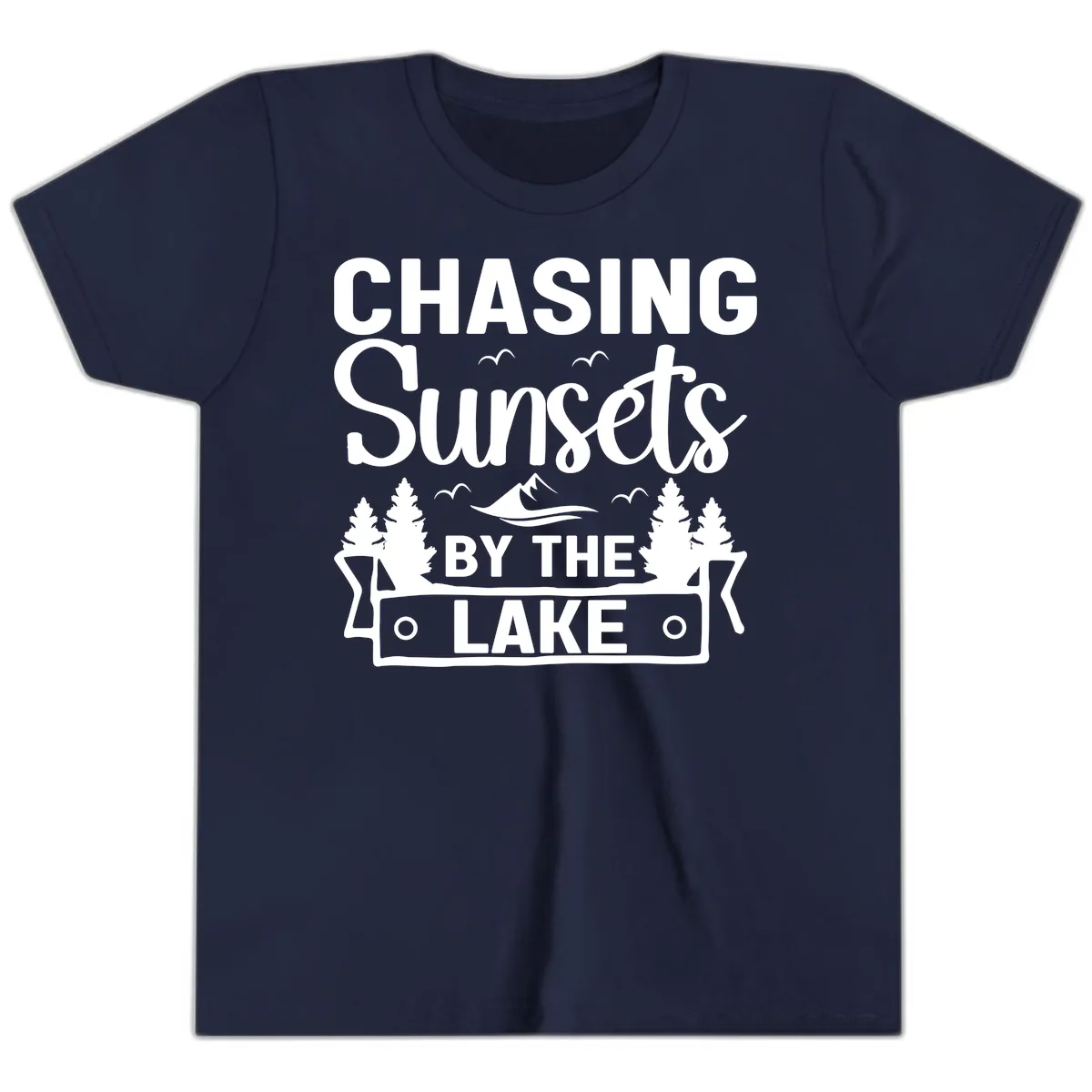 Chasing Sunsets By The Lake Design Youth T-Shirt in Navy