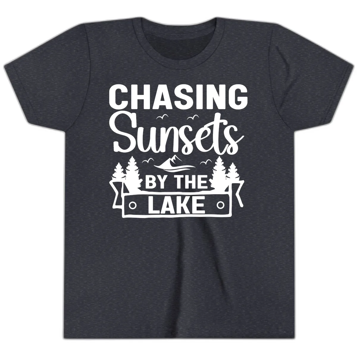 Chasing Sunsets By The Lake Design Youth T-Shirt in Heather Navy