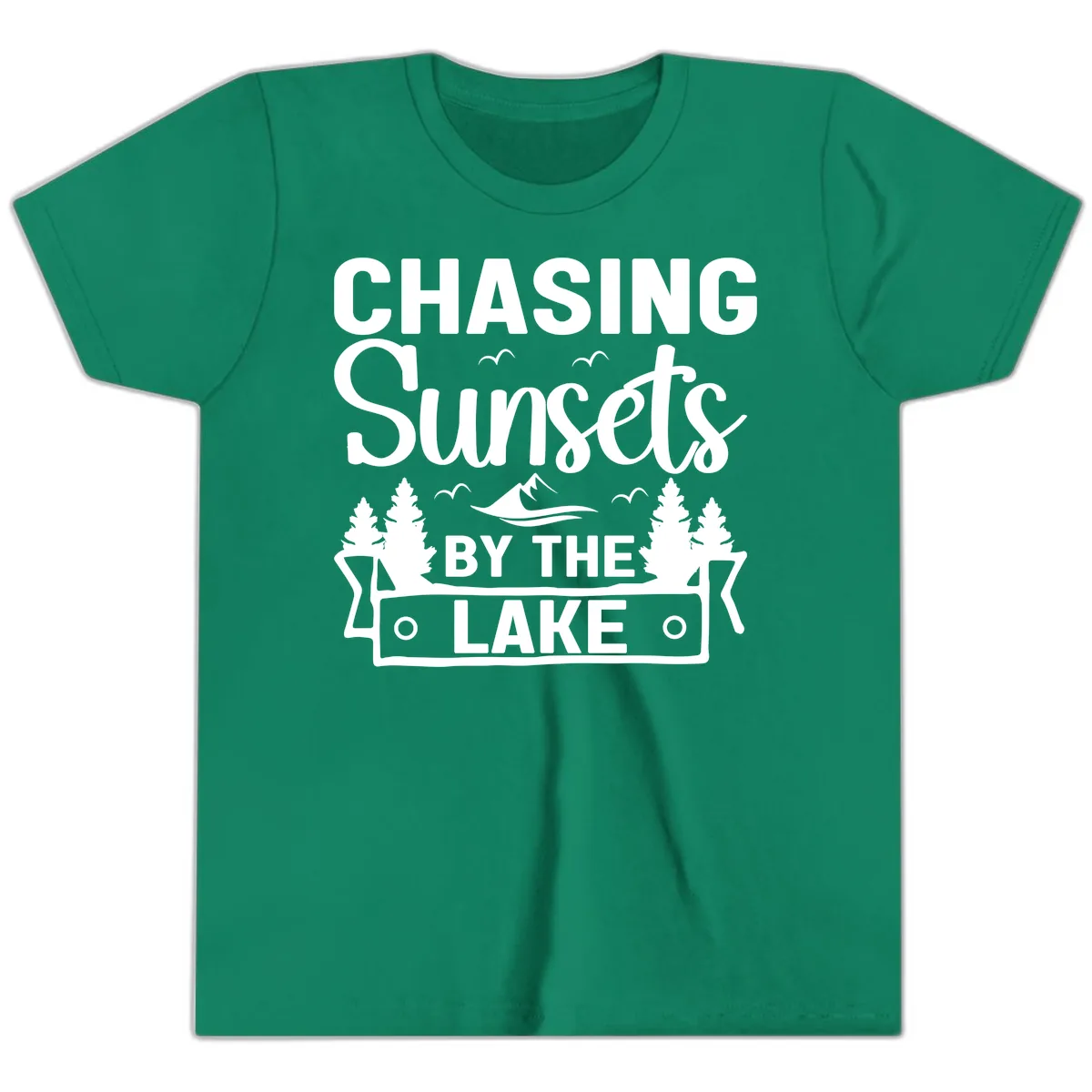 Chasing Sunsets By The Lake Design Youth T-Shirt in Kelly
