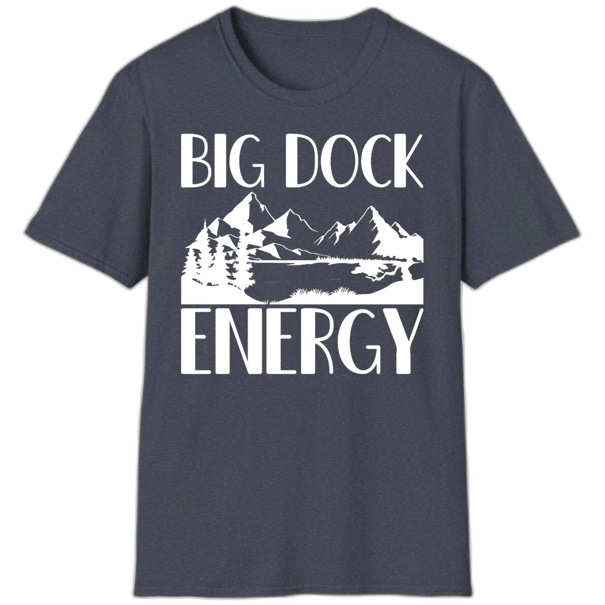 Big Dock Energy Mountain Landscape T-Shirt in Heather Navy