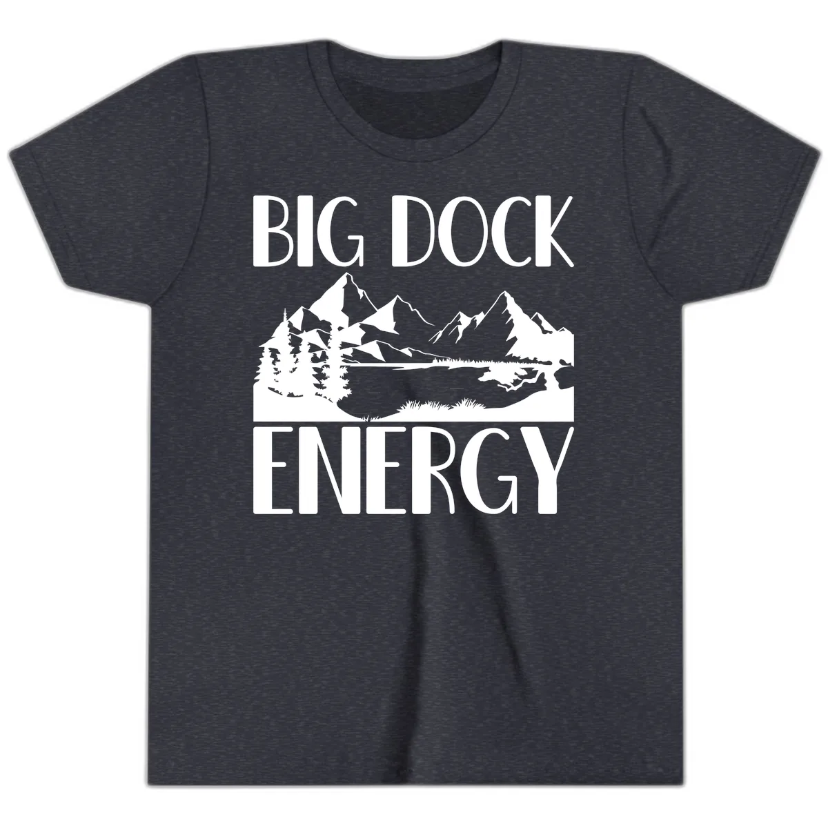 Big Dock Energy Mountain Landscape Youth T-Shirt in Heather Navy